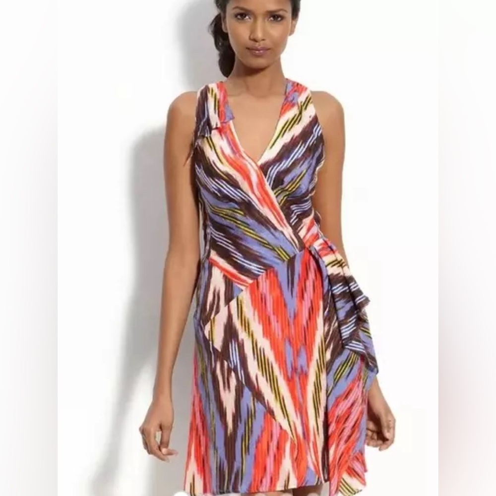 Nanette Lepore Go Getter Dress 6 Silk Fit Flare Sleeveless Faux Wrap Bodice